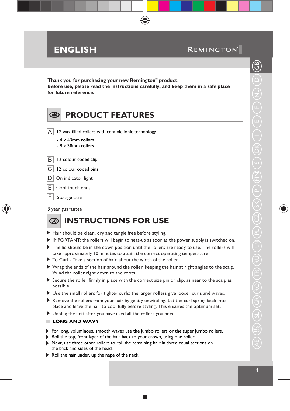 English, Instructions for use, Product features | Remington H0747 User Manual | Page 3 / 73