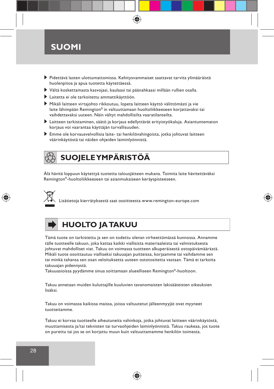 Suomi, Huolto ja takuu, Suojele ympäristöä | Remington H0747 User Manual | Page 30 / 73