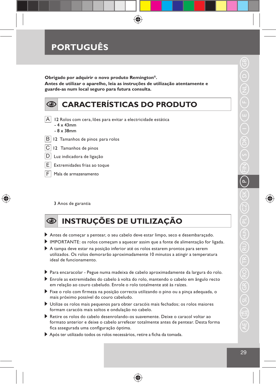 Português, Características do produto, Instruções de utilização | Remington H0747 User Manual | Page 31 / 73