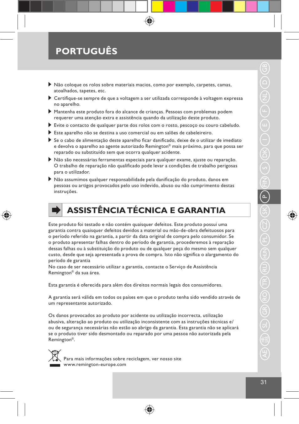 Português, Assistência técnica e garantia | Remington H0747 User Manual | Page 33 / 73