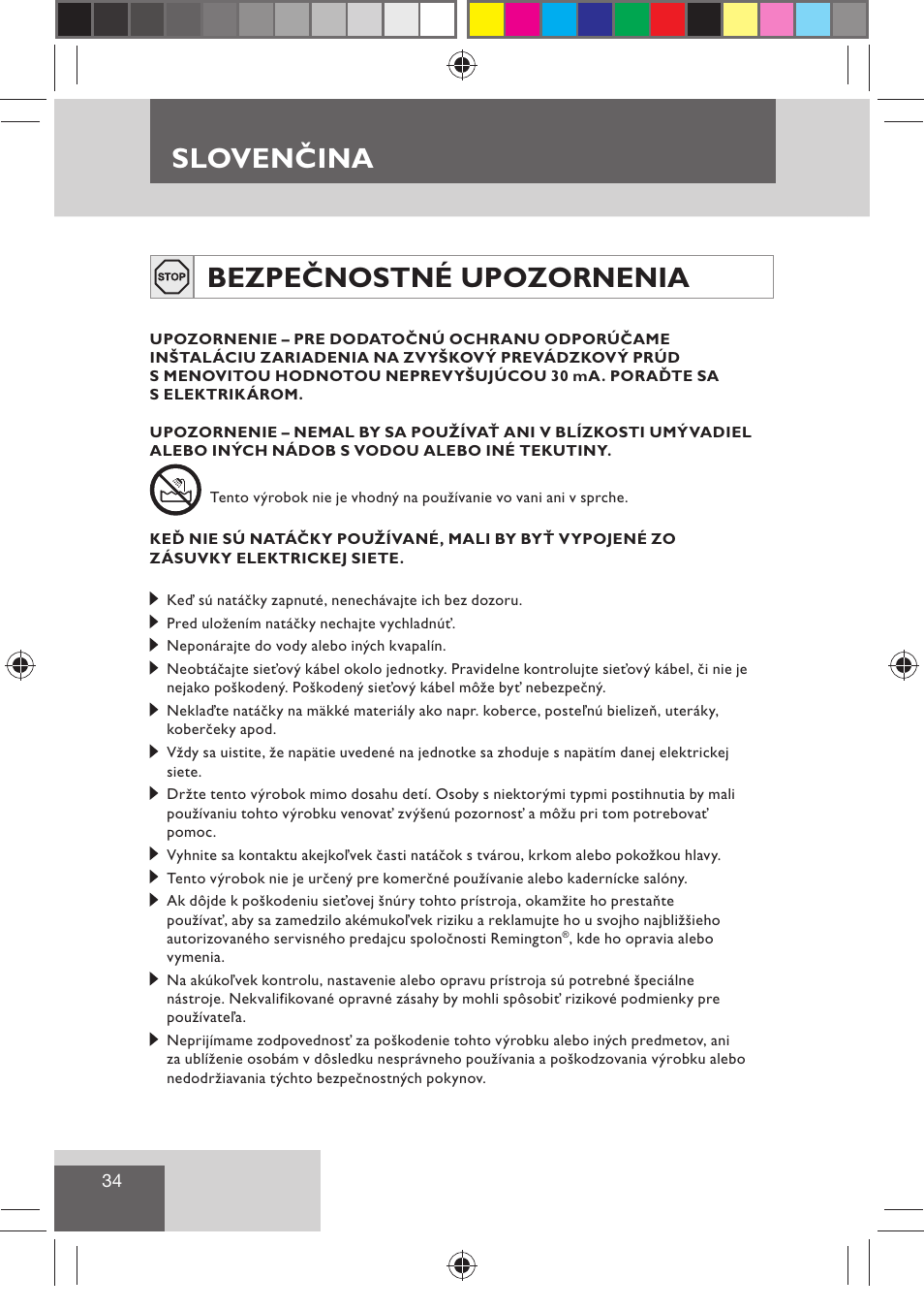 Sloven ina, Bezpečnostné upozornenia, Slovenčina | Remington H0747 User Manual | Page 36 / 73