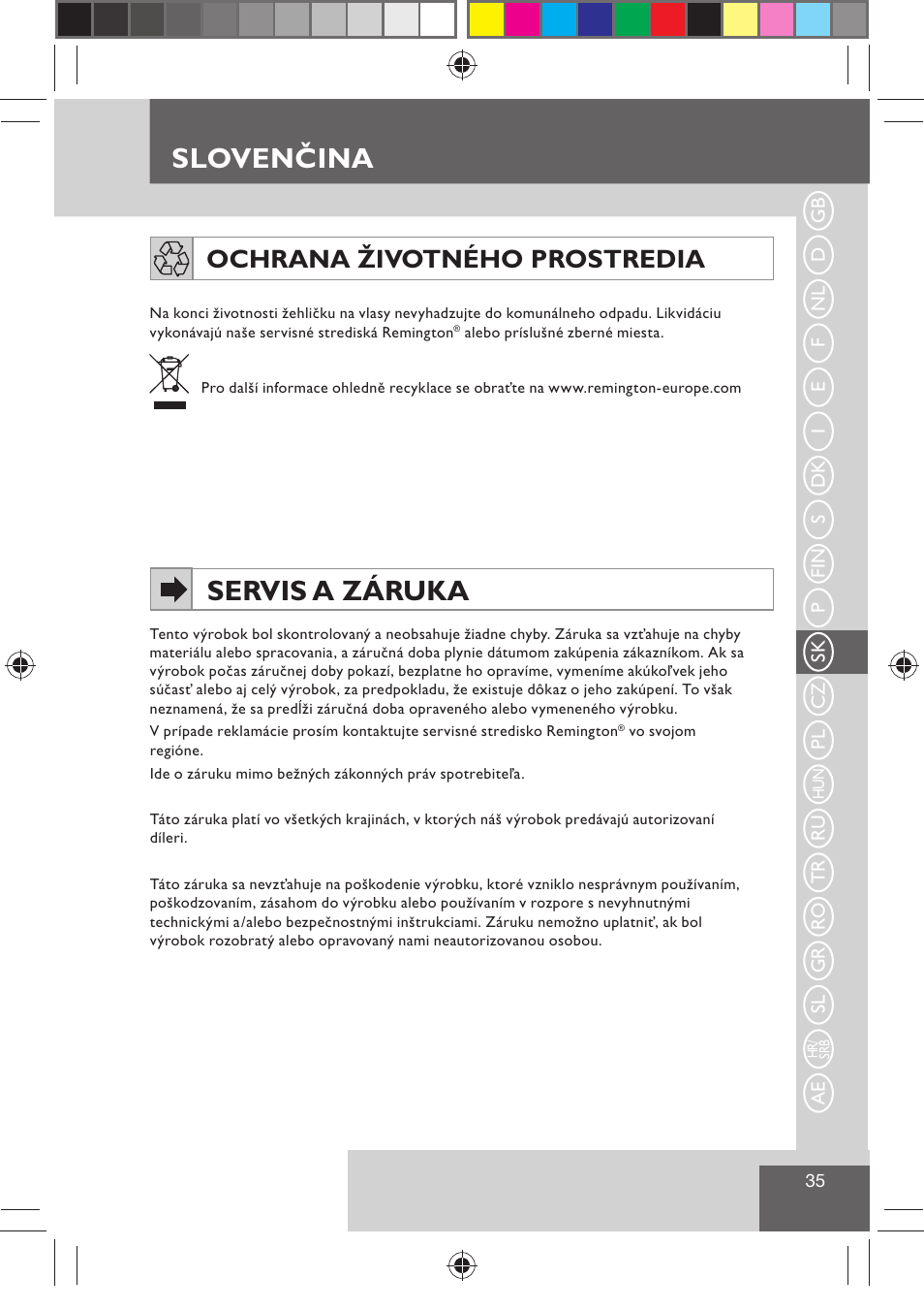 Sloven ina, Slovenčina servis a záruka, Ochrana životného prostredia | Remington H0747 User Manual | Page 37 / 73
