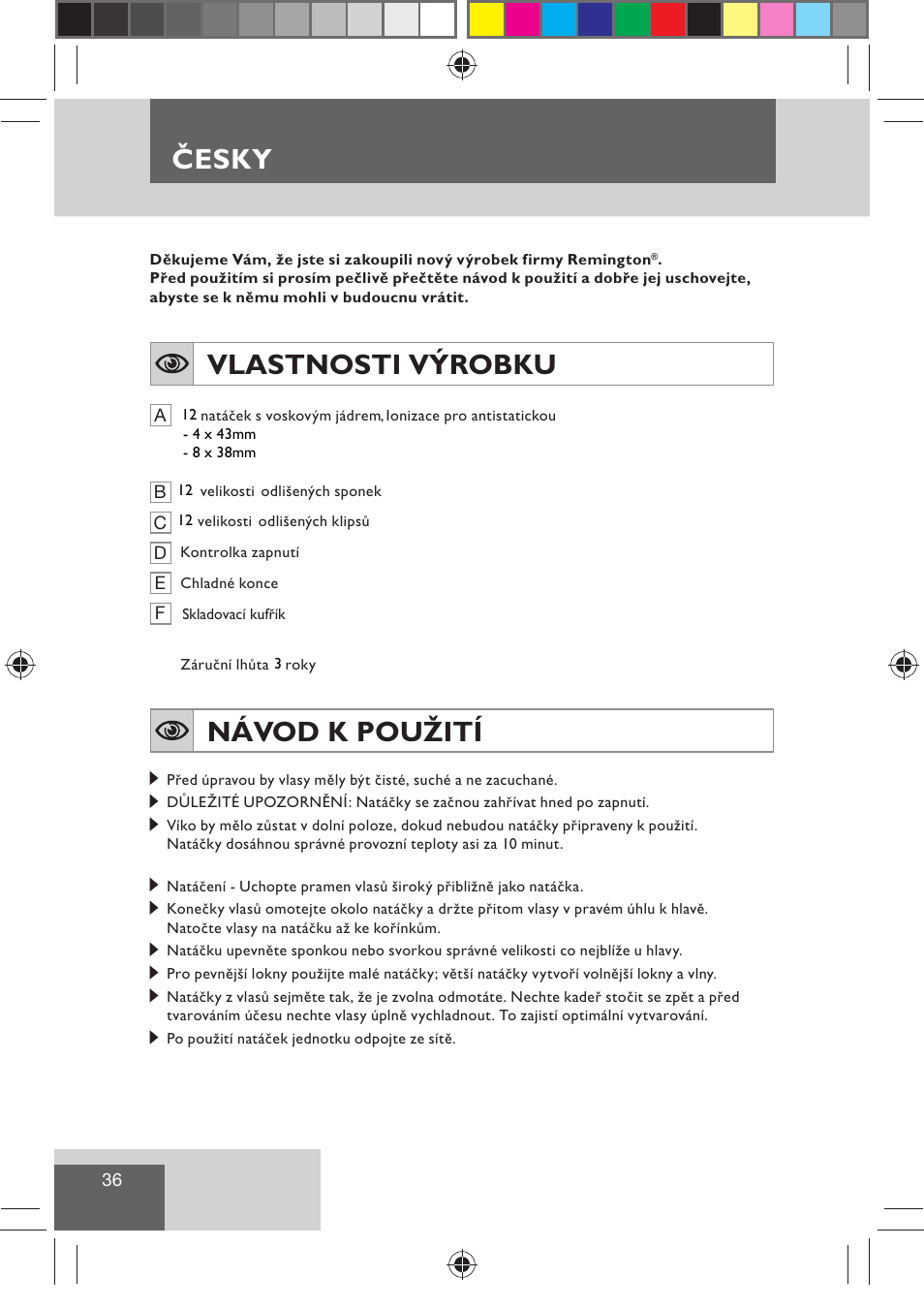 Česky, Vlastnosti výrobku, Návod k použití | Remington H0747 User Manual | Page 38 / 73