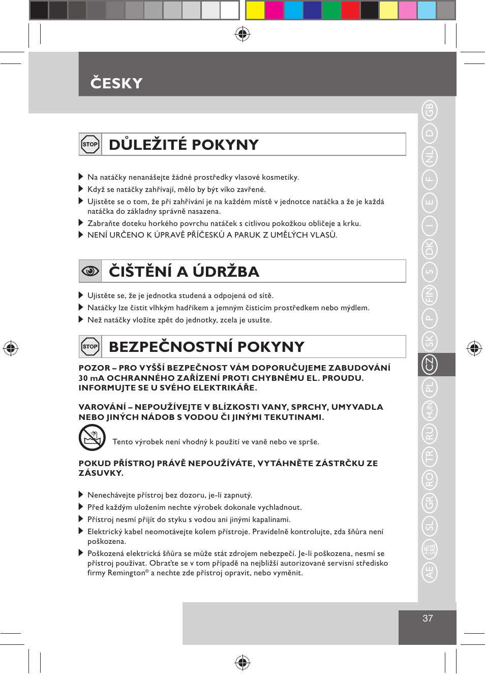 Česky důležité pokyny, Čištění a údržba, Bezpečnostní pokyny | Remington H0747 User Manual | Page 39 / 73