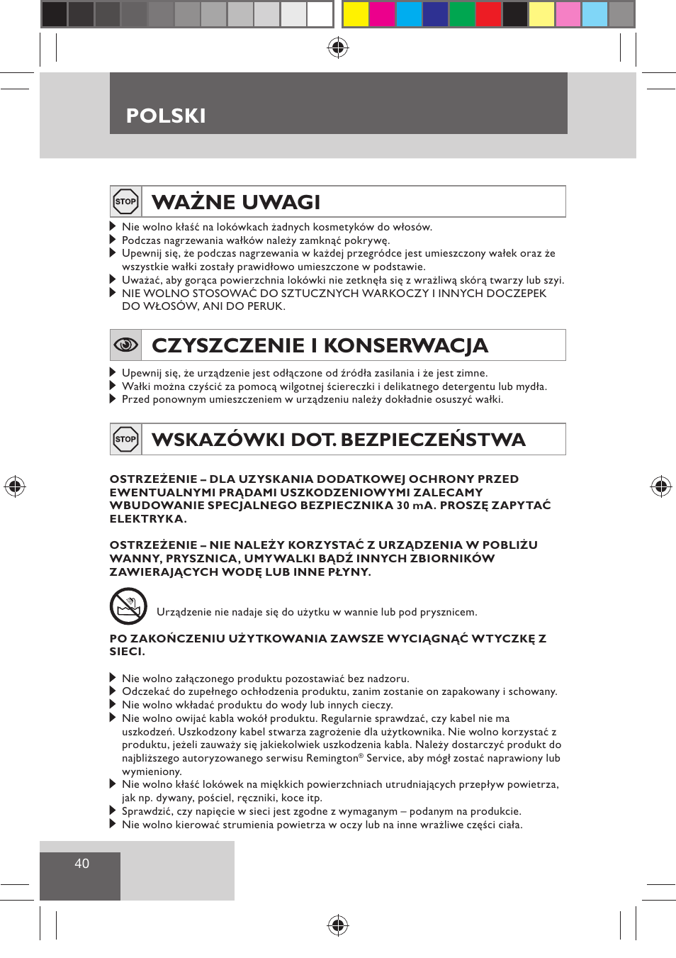 Polski, Ważne uwagi, Czyszczenie i konserwacja | Wskazówki dot. bezpieczeństwa | Remington H0747 User Manual | Page 42 / 73
