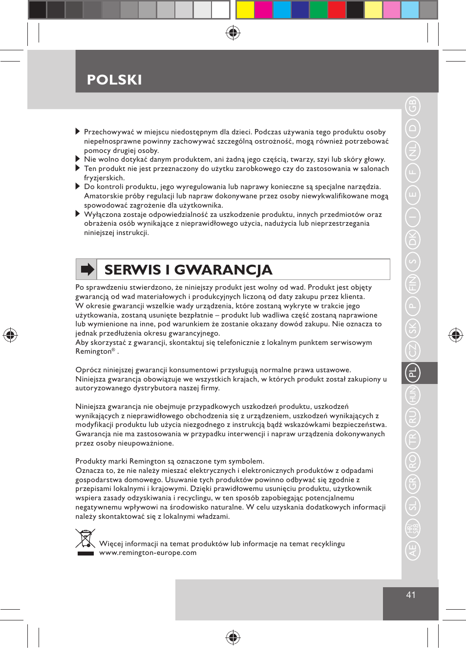 Polski, Serwis i gwarancja | Remington H0747 User Manual | Page 43 / 73