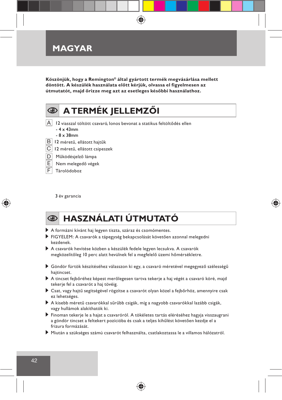 Magyar, A termék jellemzői, Használati útmutató | Remington H0747 User Manual | Page 44 / 73