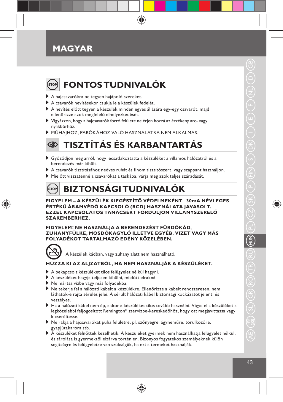 Magyar, Fontos tudnivalók, Tisztítás és karbantartás | Biztonsági tudnivalók | Remington H0747 User Manual | Page 45 / 73