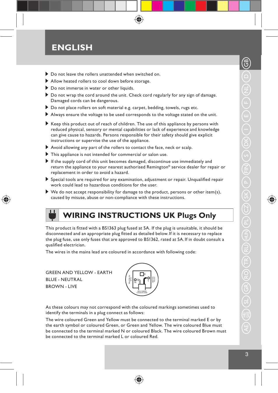 English, Wiring instructions uk plugs only, Ru tr ro gr sl ae | Remington H0747 User Manual | Page 5 / 73