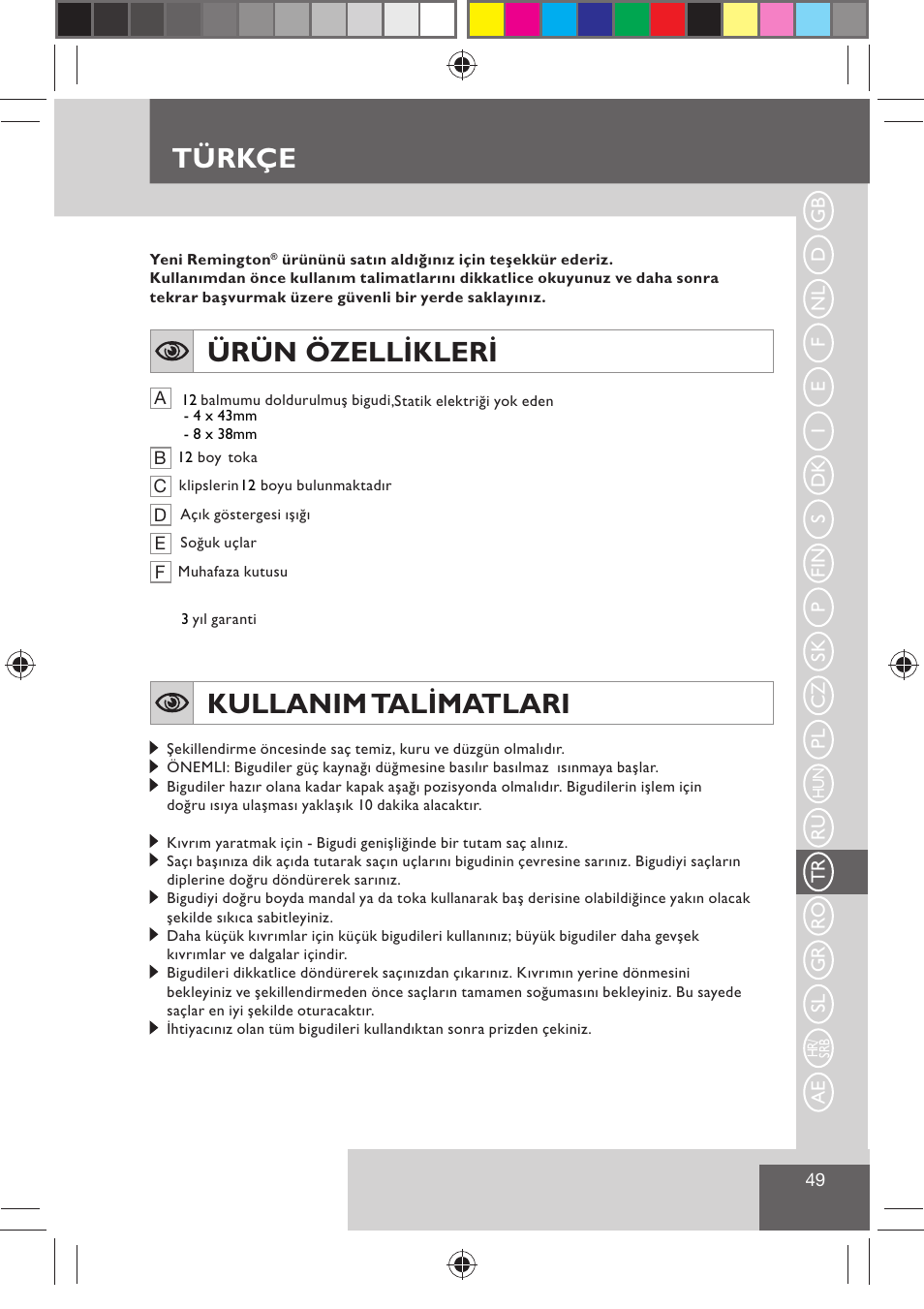 Türkçe, Ürün özellikleri, Kullanim talimatlari | Remington H0747 User Manual | Page 51 / 73