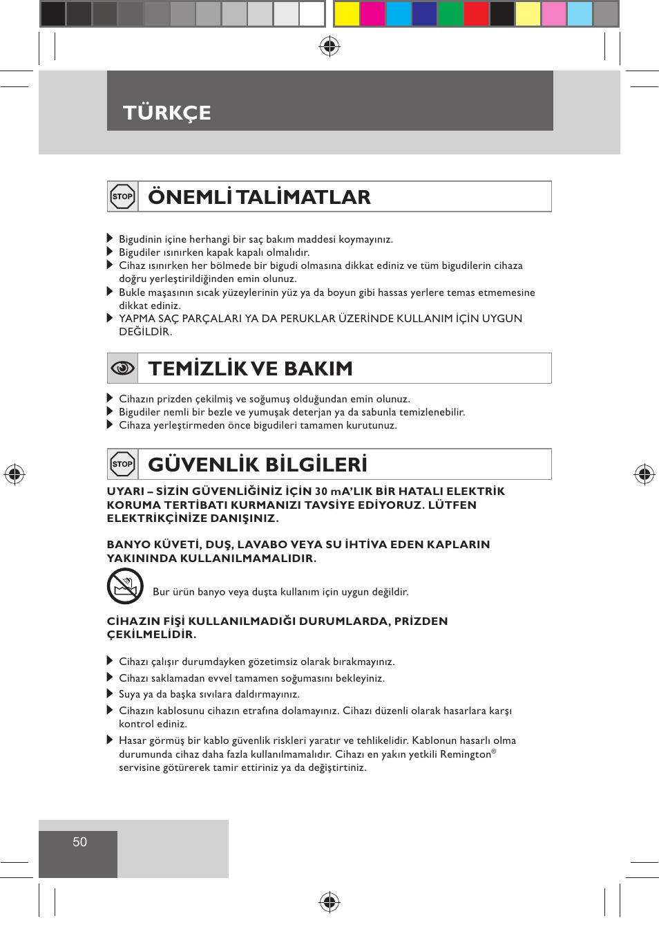 Türkçe, Önemli talimatlar, Temizlik ve bakim | Güvenlik bilgileri | Remington H0747 User Manual | Page 52 / 73