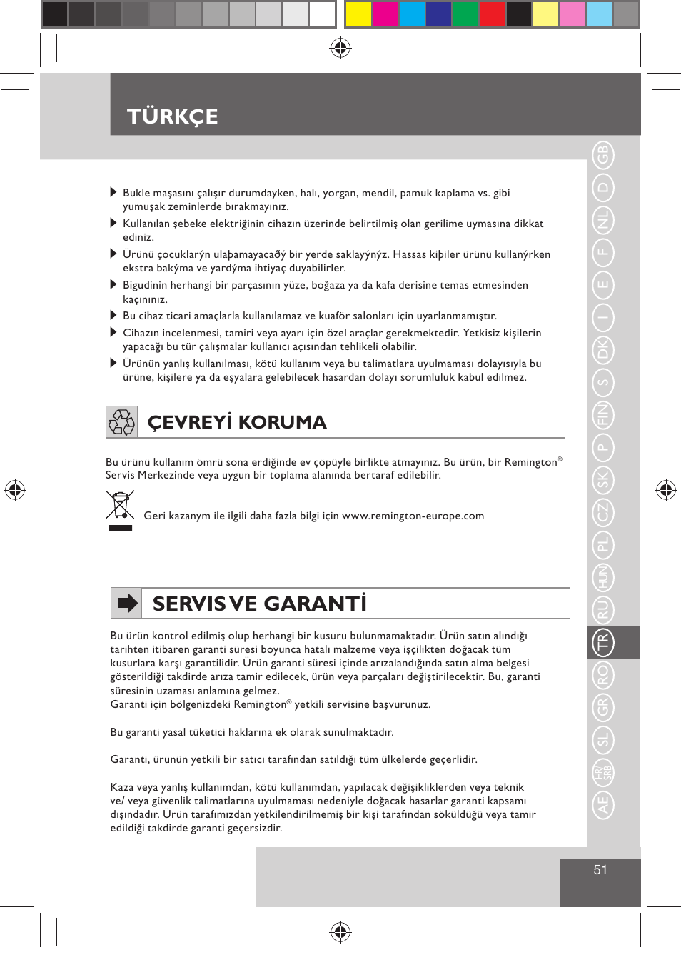 Türkçe, Servis ve garanti, Çevreyi koruma | Remington H0747 User Manual | Page 53 / 73