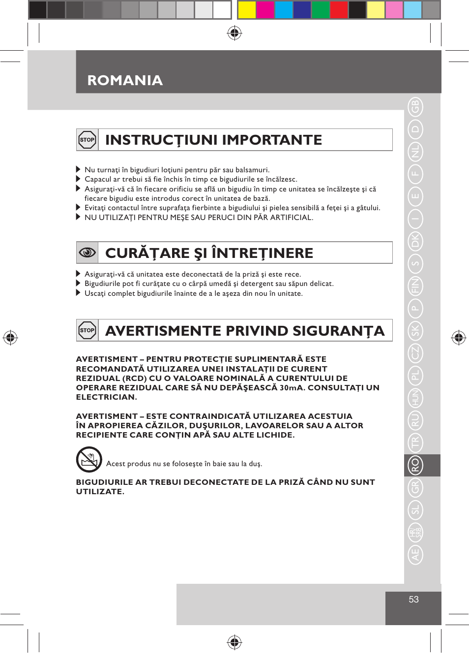 Romania instrucţiuni importante, Curăţare şi întreţinere, Avertismente privind siguranţa | Remington H0747 User Manual | Page 55 / 73