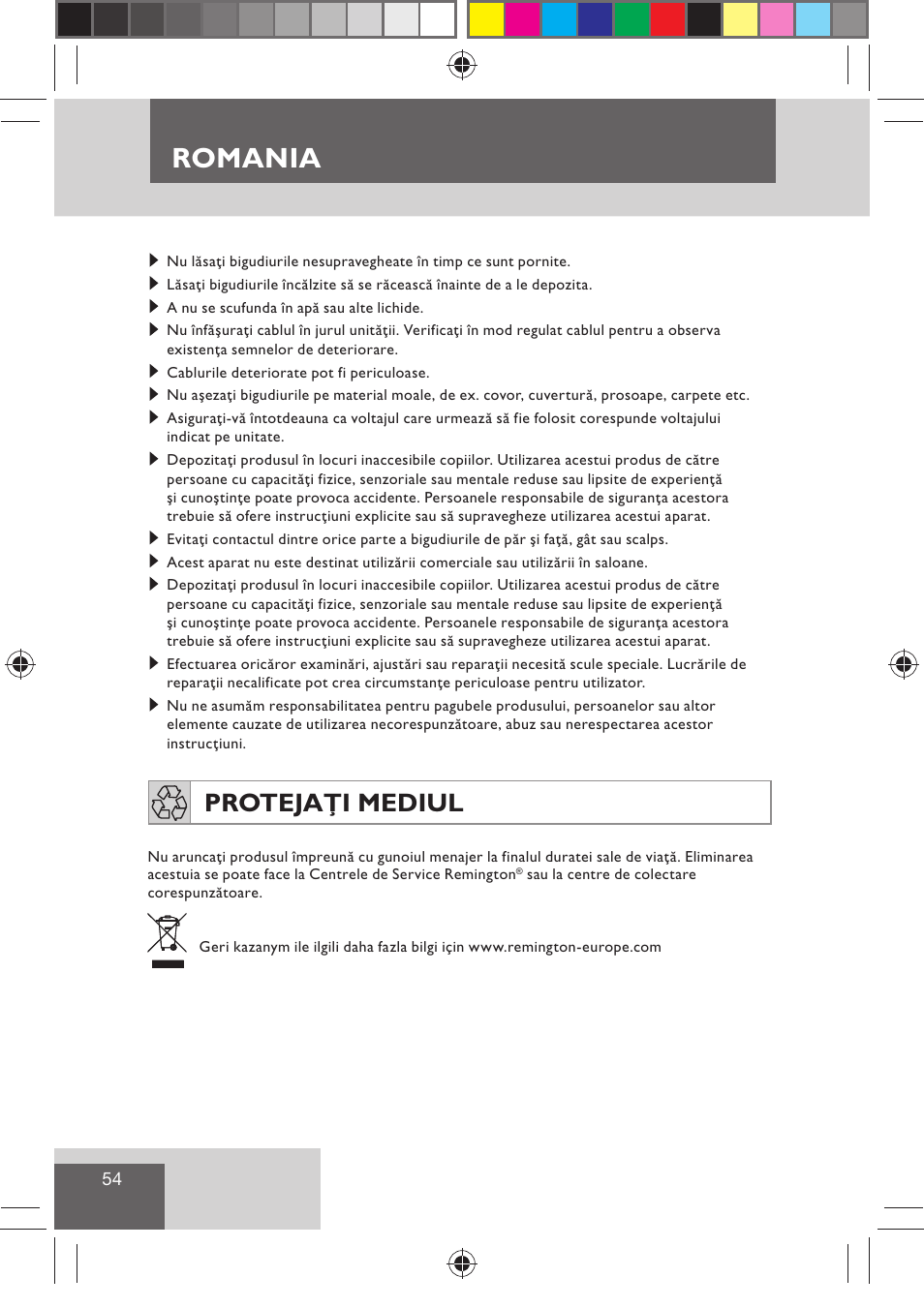 Romania, Protejaţi mediul | Remington H0747 User Manual | Page 56 / 73