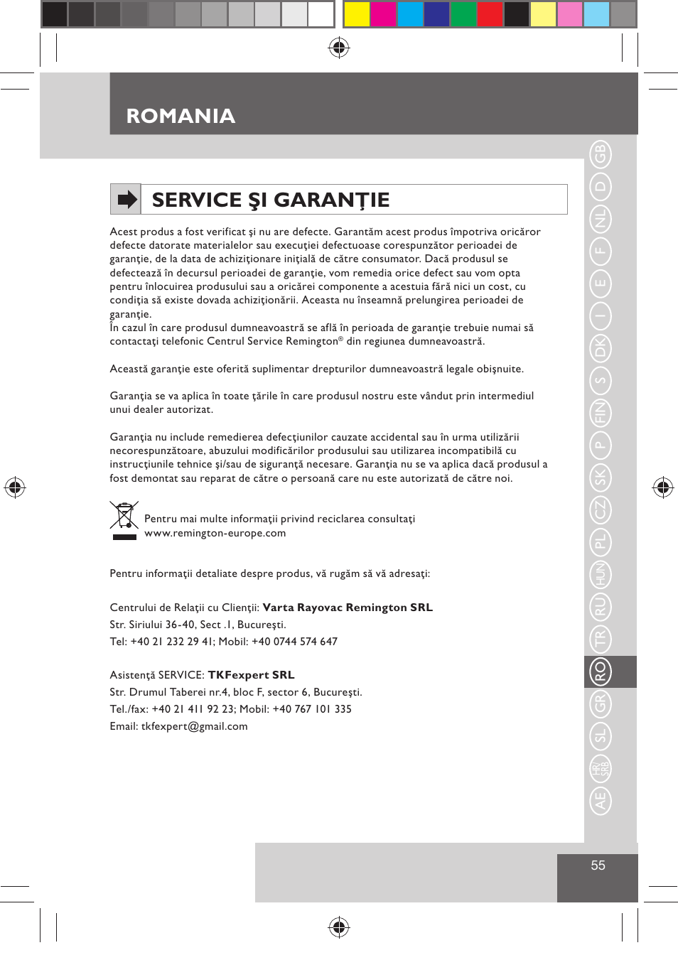 Romania service şi garanţie | Remington H0747 User Manual | Page 57 / 73