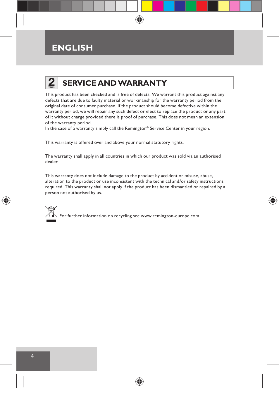 English, Service and warranty | Remington H0747 User Manual | Page 6 / 73