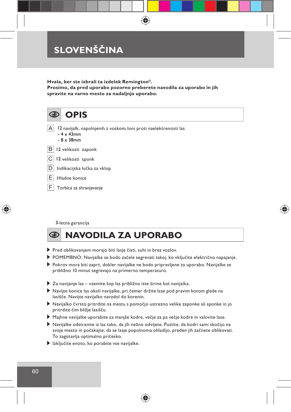 Slovenščina, Opis, Navodila za uporabo | Remington H0747 User Manual | Page 62 / 73