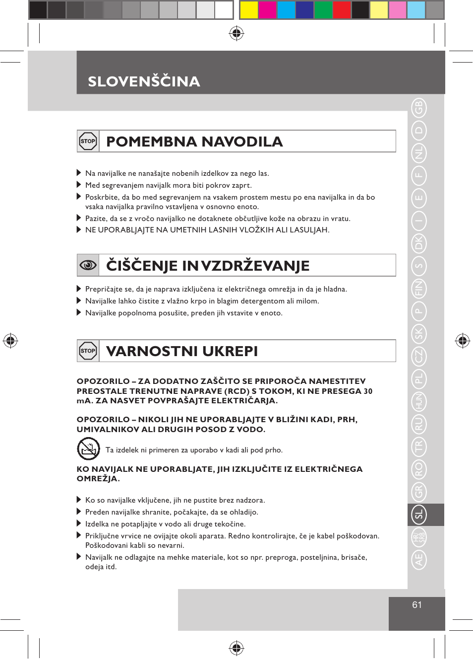 Slovenščina pomembna navodila, Čiščenje in vzdrževanje, Varnostni ukrepi | Remington H0747 User Manual | Page 63 / 73