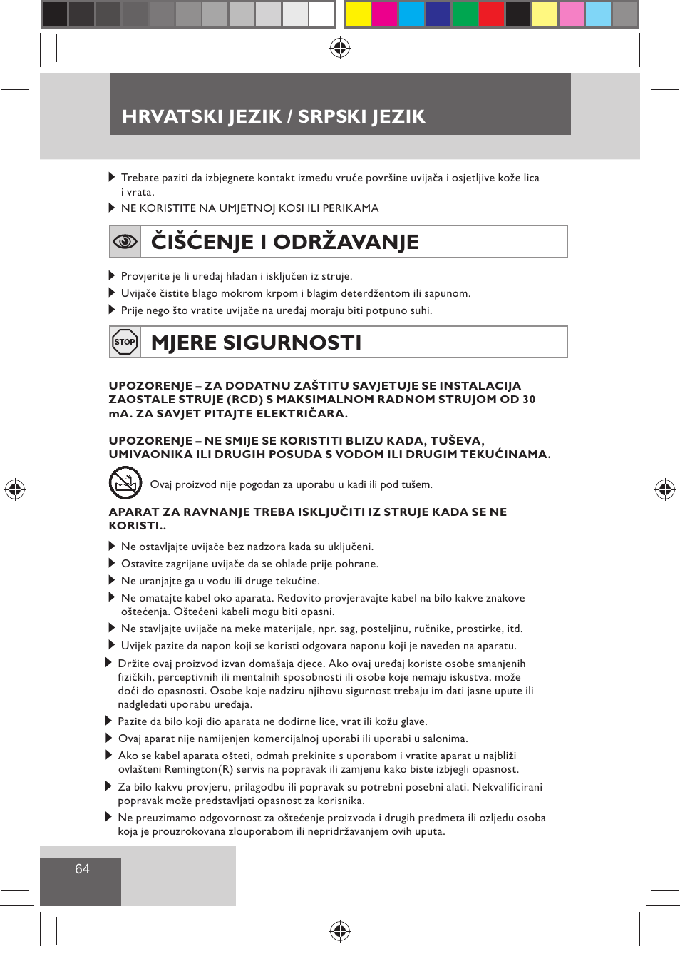 Čišćenje i održavanje, Mjere sigurnosti, Hrvatski jezik / srpski jezik | Remington H0747 User Manual | Page 66 / 73