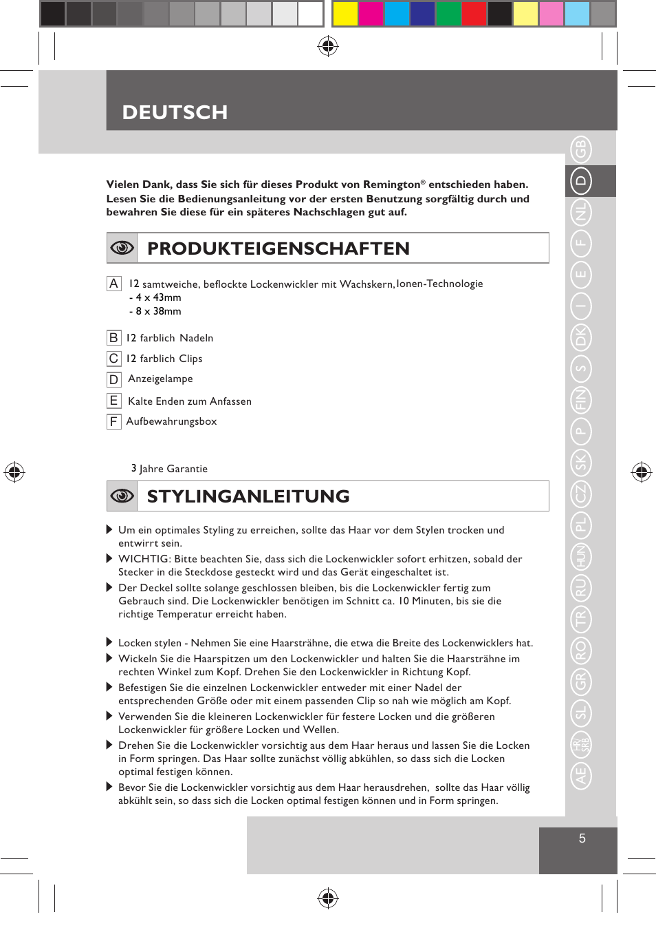 Deutsch, Produkteigenschaften, Stylinganleitung | Remington H0747 User Manual | Page 7 / 73