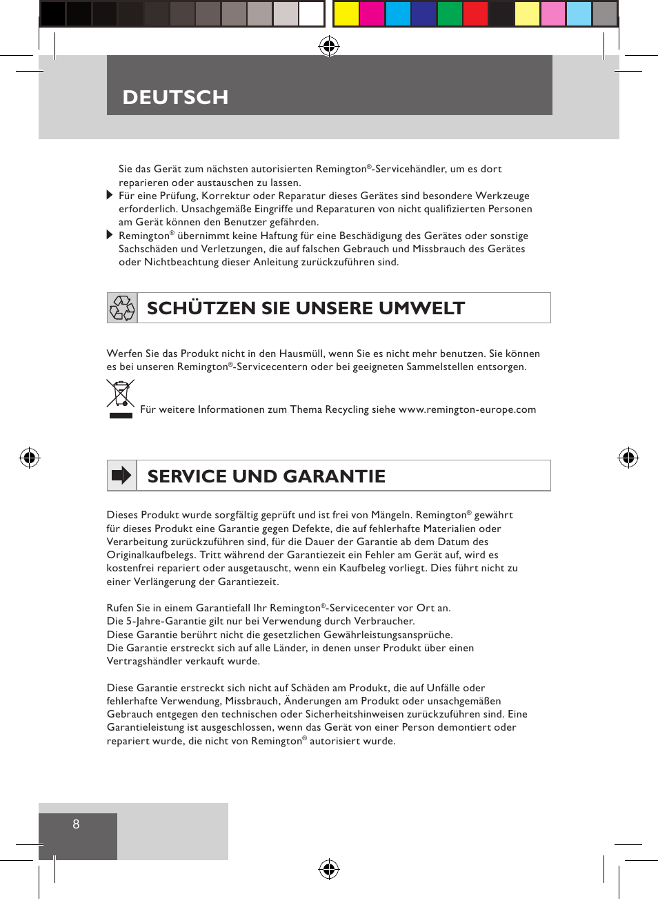 Deutsch, Schützen sie unsere umwelt, Service und garantie | Remington CI9532 User Manual | Page 10 / 83