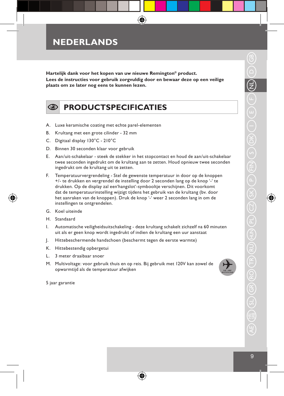 Nederlands, Productspecificaties | Remington CI9532 User Manual | Page 11 / 83