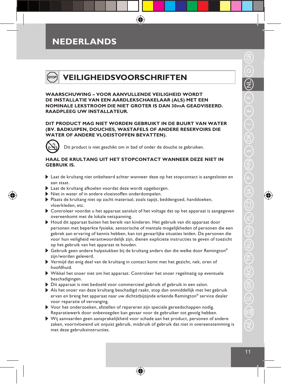 Nederlands, Veiligheidsvoorschriften | Remington CI9532 User Manual | Page 13 / 83