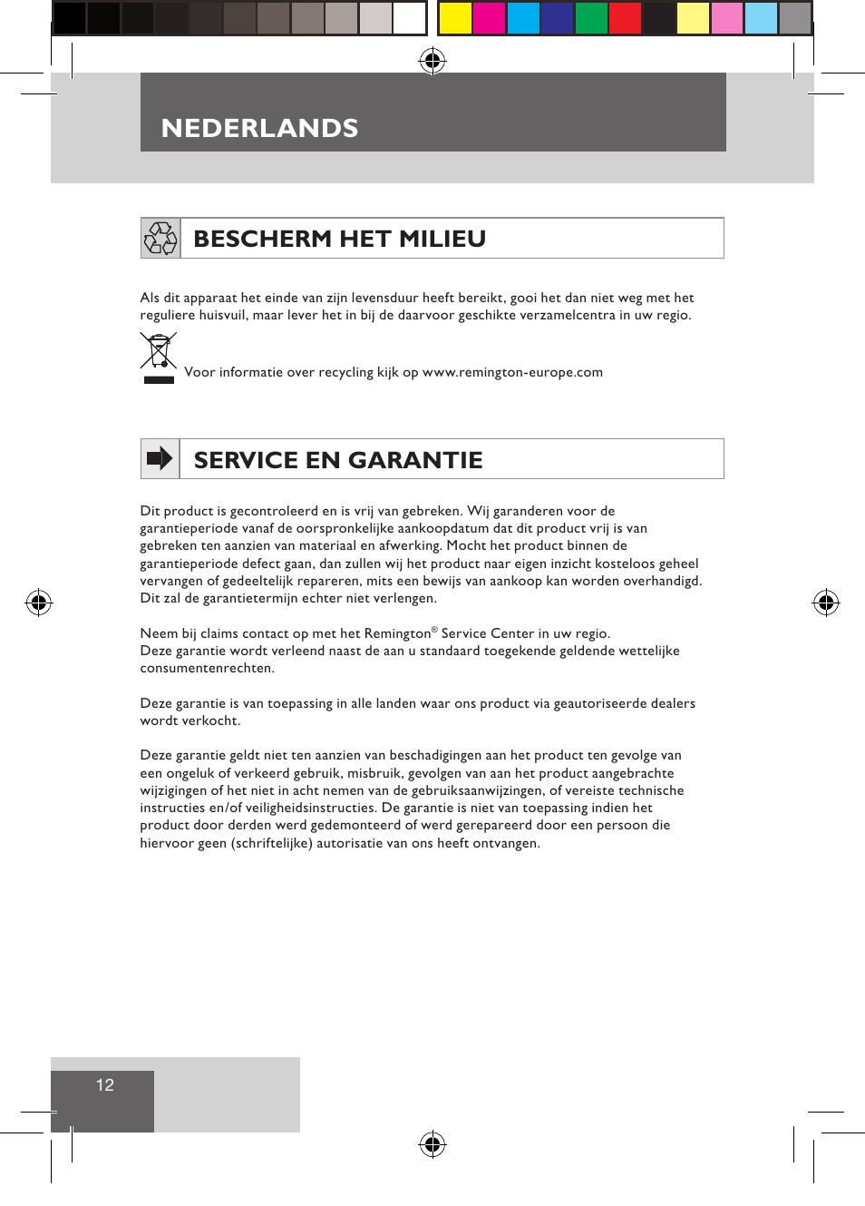 Nederlands, Bescherm het milieu, Service en garantie | Remington CI9532 User Manual | Page 14 / 83