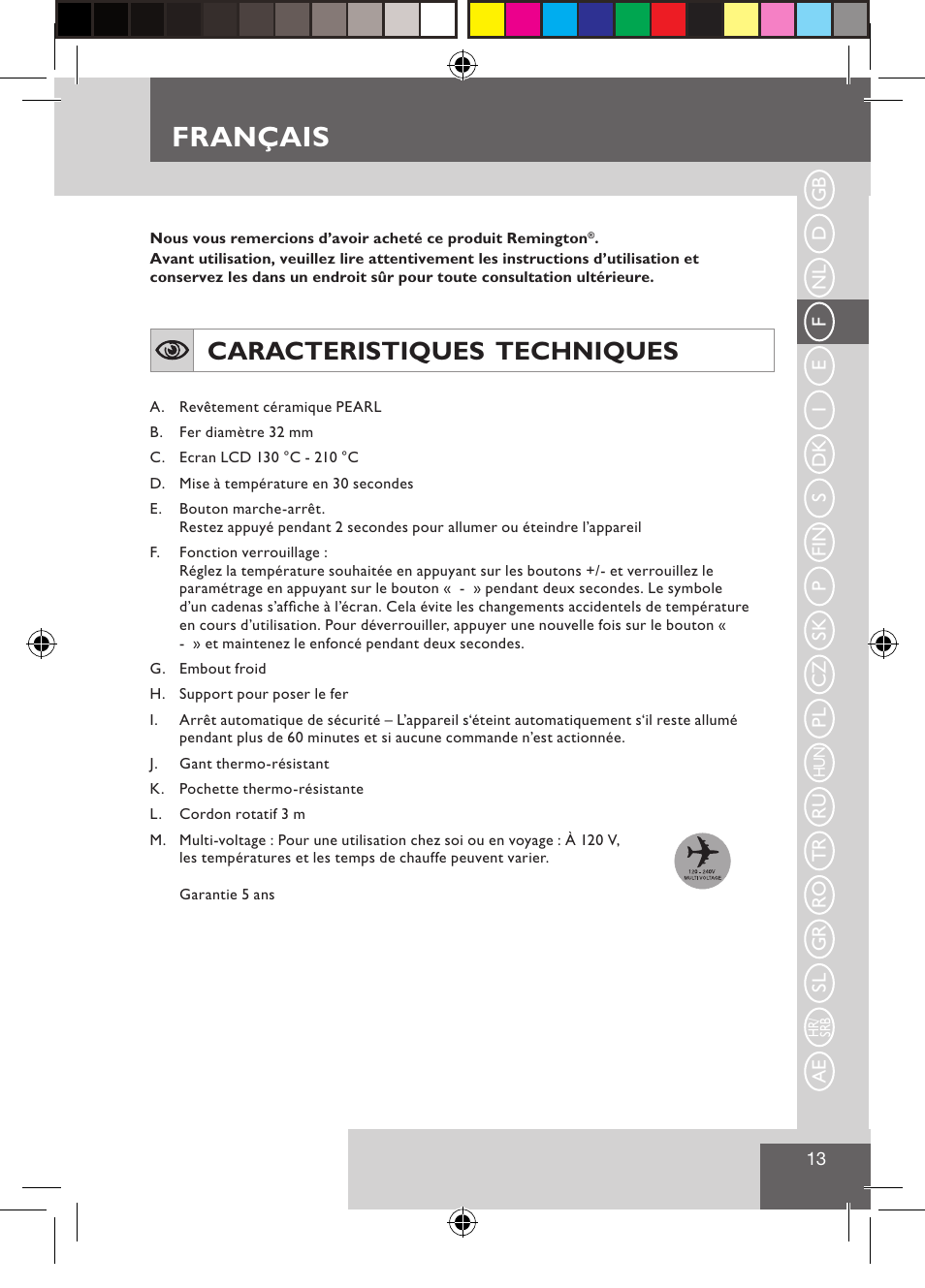 Français, Caracteristiques techniques | Remington CI9532 User Manual | Page 15 / 83