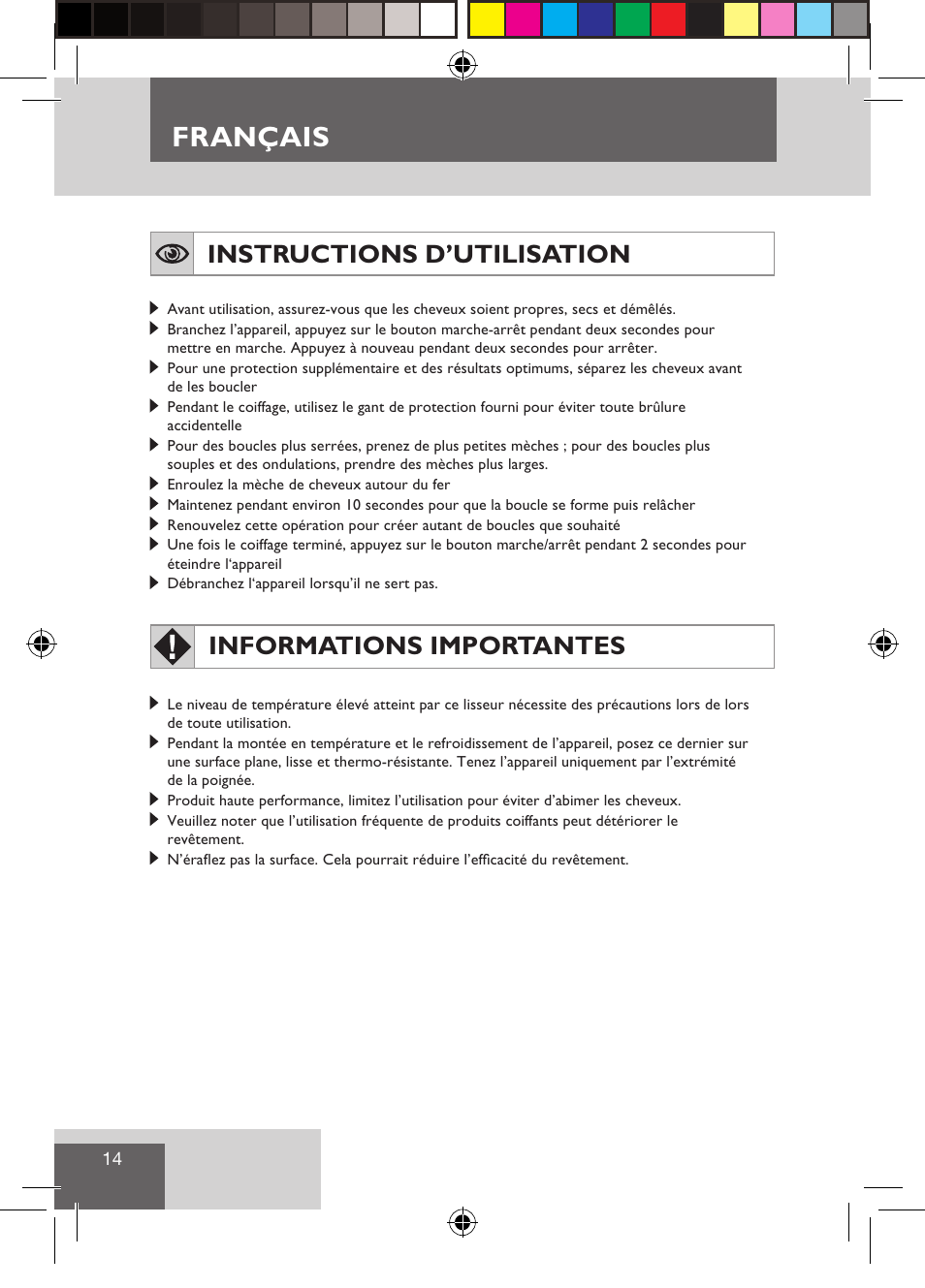 Français, Instructions d’utilisation, Informations importantes | Remington CI9532 User Manual | Page 16 / 83