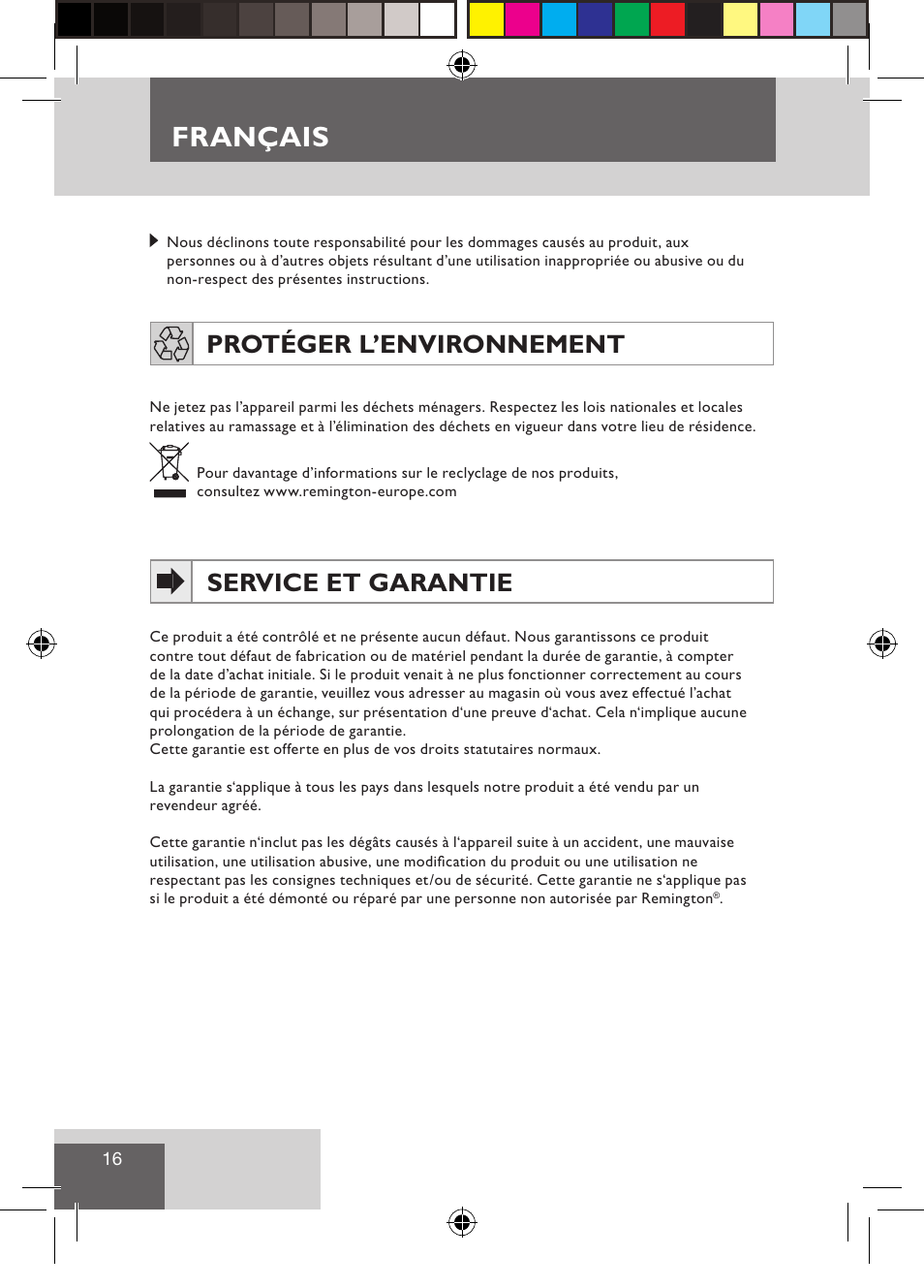 Français, Protéger l’environnement, Service et garantie | Remington CI9532 User Manual | Page 18 / 83