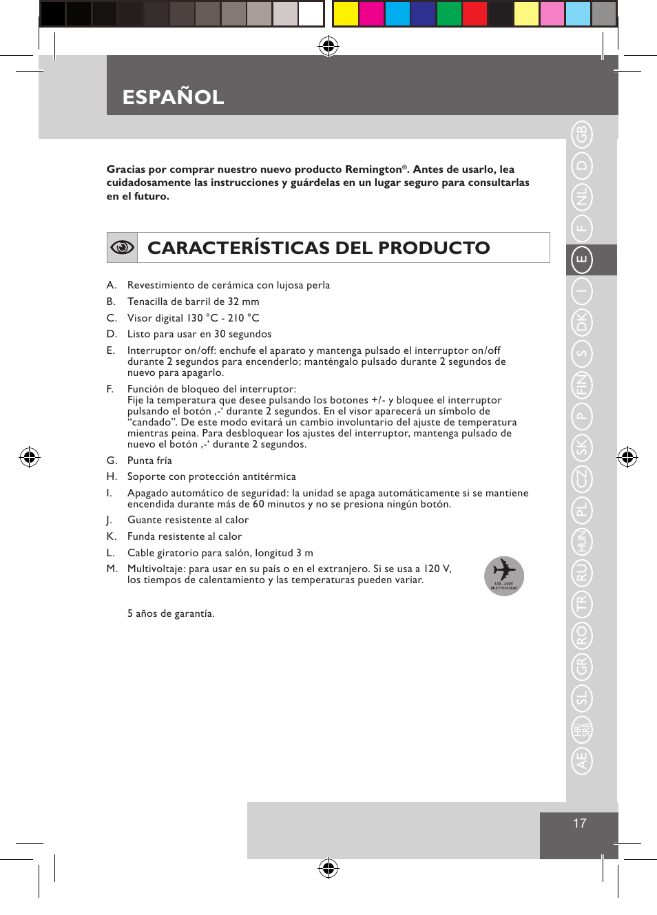 Español, Características del producto | Remington CI9532 User Manual | Page 19 / 83