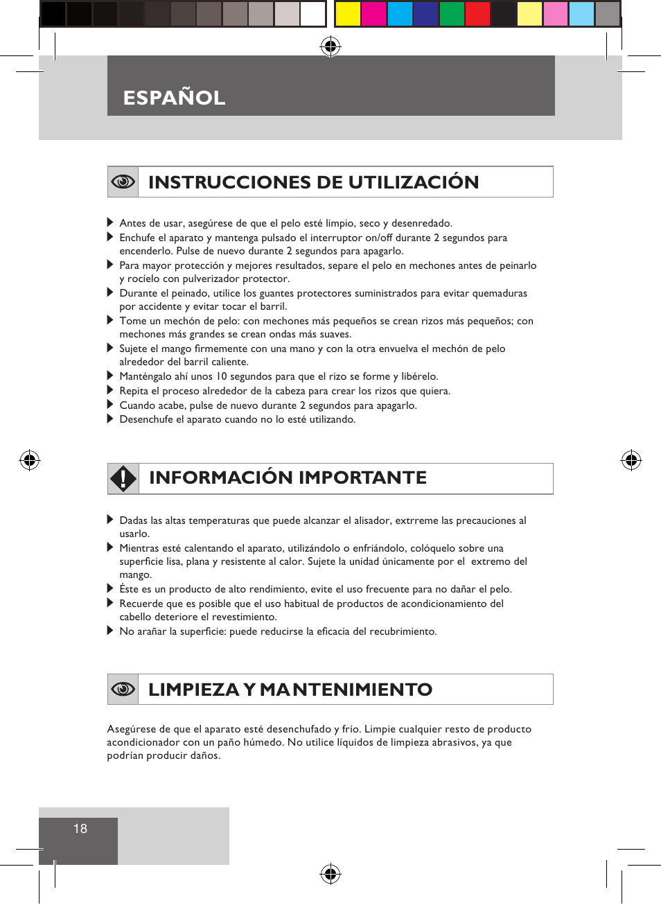Español, Instrucciones de utilización, Información importante | Limpieza y ma ntenimiento | Remington CI9532 User Manual | Page 20 / 83