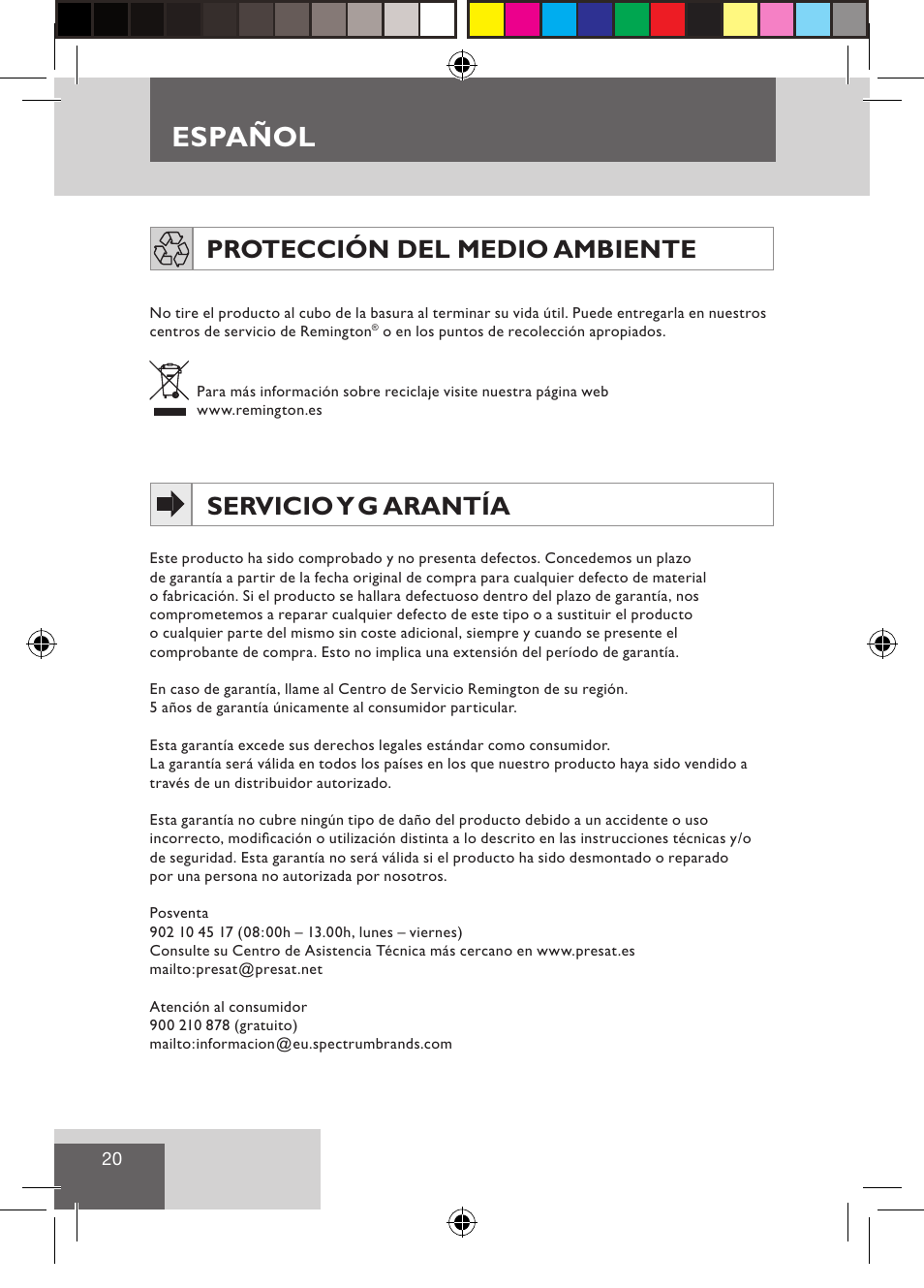 Español, Protección del medio ambiente, Servicio y g arantía | Remington CI9532 User Manual | Page 22 / 83