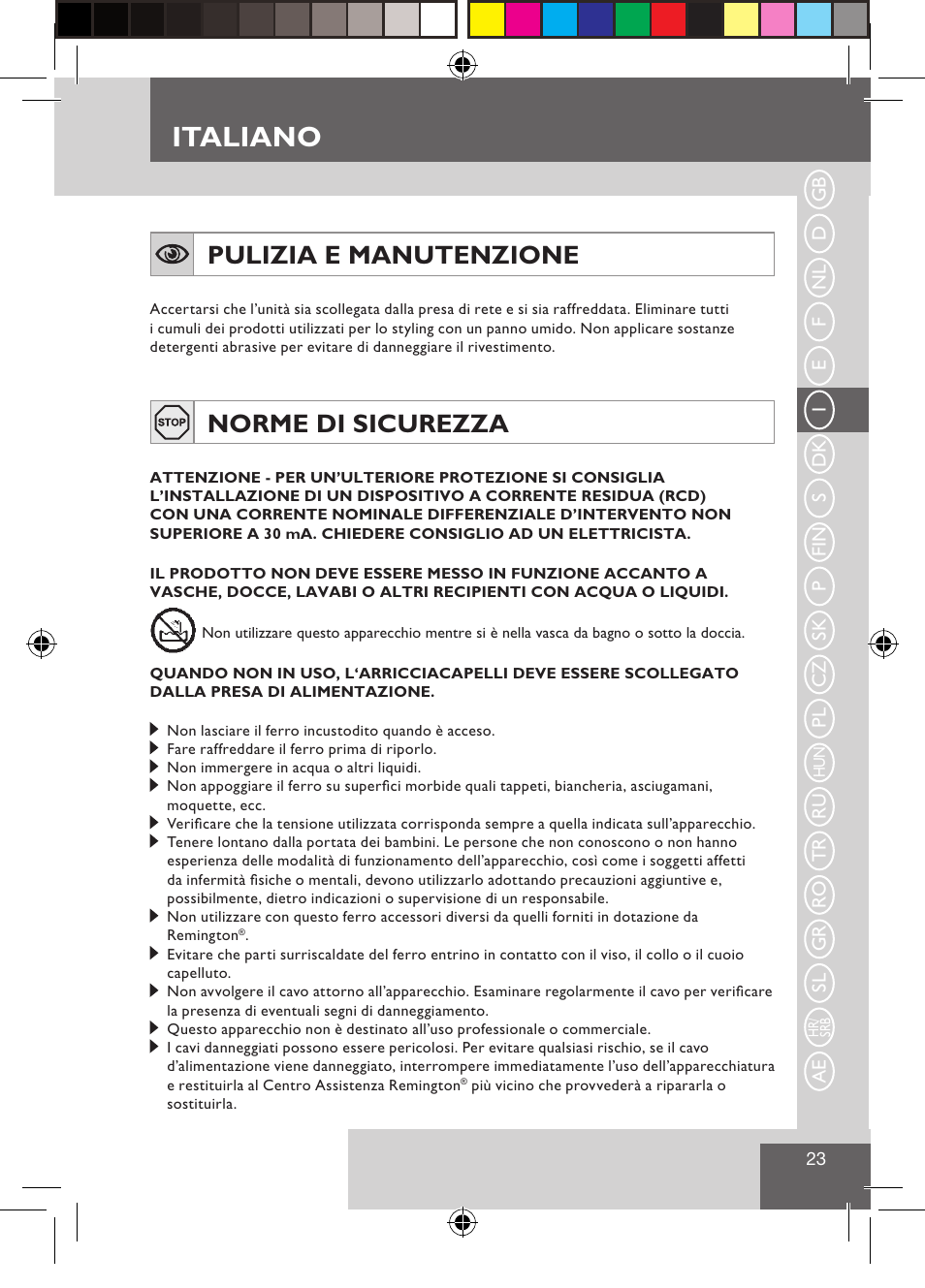 Italiano, Pulizia e manutenzione, Norme di sicurezza | Remington CI9532 User Manual | Page 25 / 83