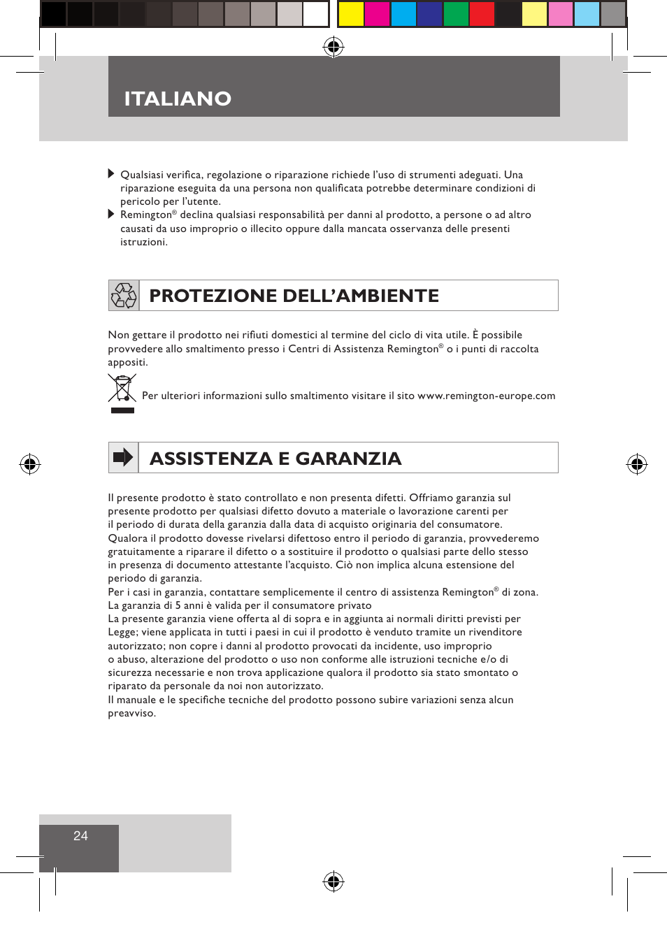 Italiano, Protezione dell’ambiente, Assistenza e garanzia | Remington CI9532 User Manual | Page 26 / 83