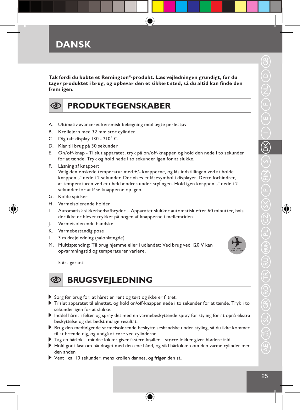 Dansk, Produktegenskaber, Brugsvejledning | Remington CI9532 User Manual | Page 27 / 83