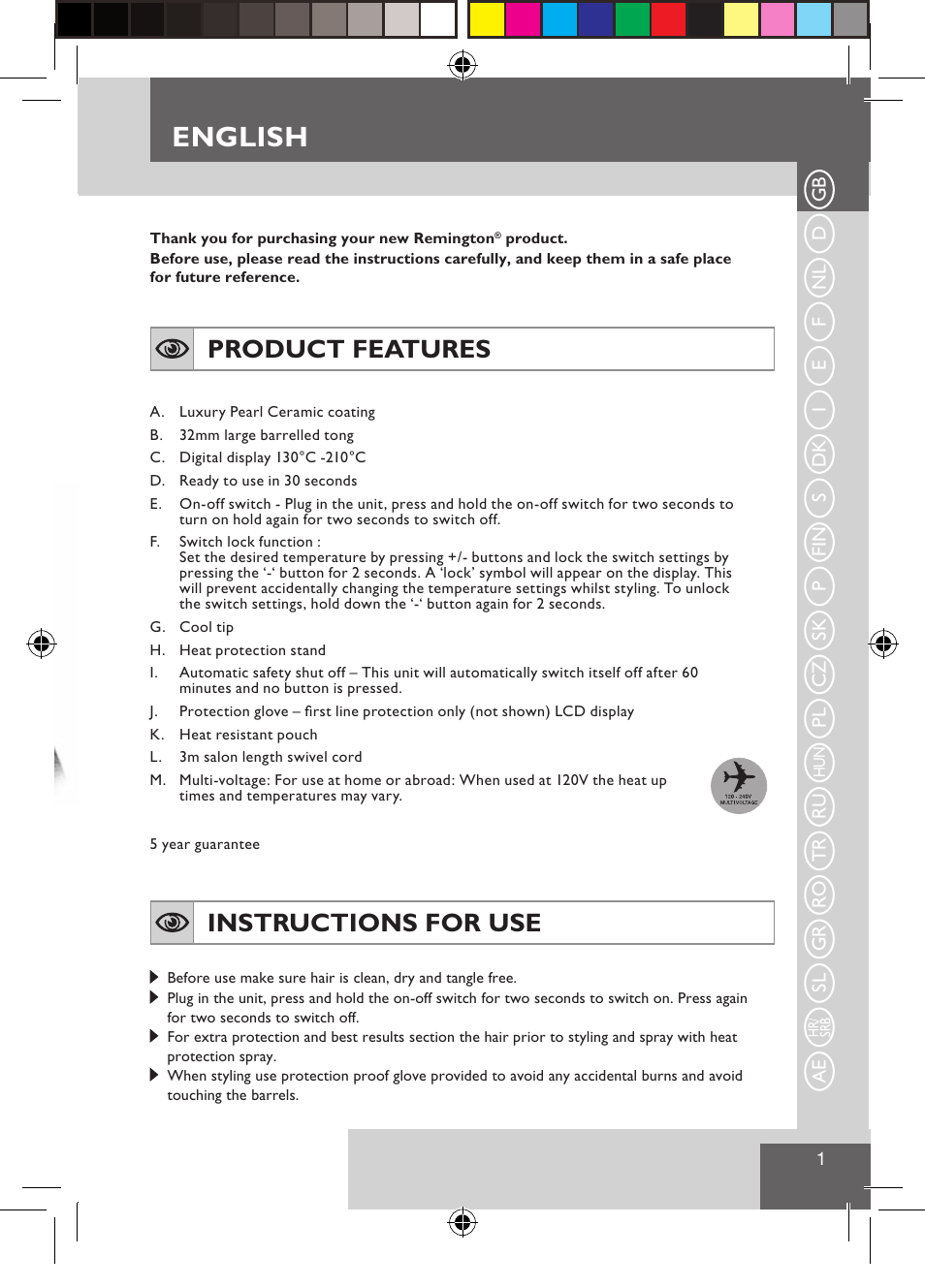 English, Product features, Instructions for use | Remington CI9532 User Manual | Page 3 / 83