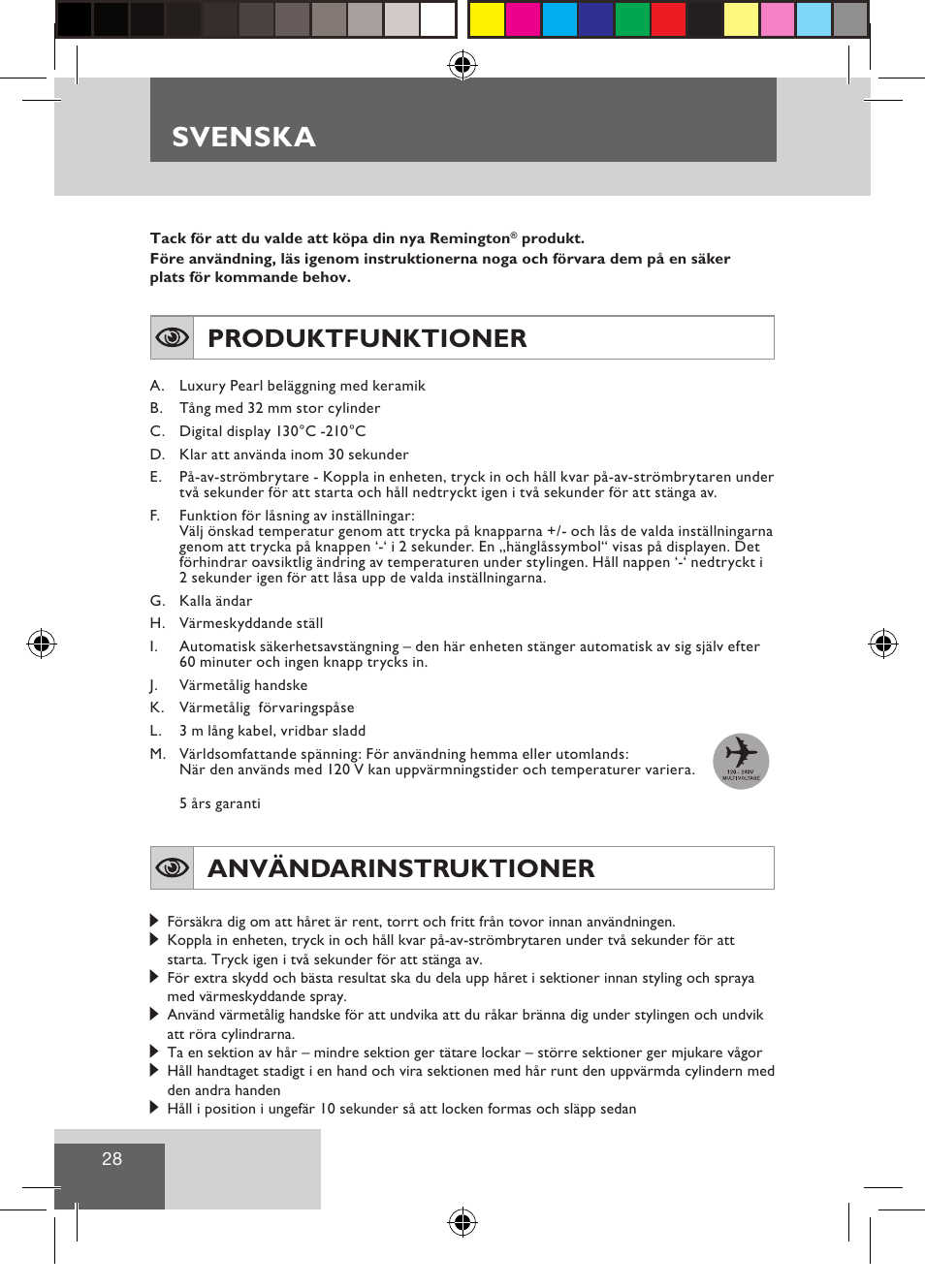 Svenska, Produktfunktioner, Användarinstruktioner | Remington CI9532 User Manual | Page 30 / 83