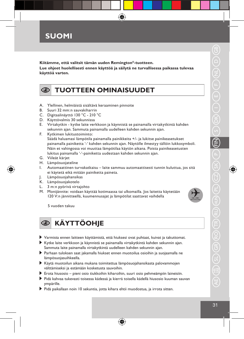 Suomi, Tuotteen ominaisuudet, Käyttöohje | Remington CI9532 User Manual | Page 33 / 83