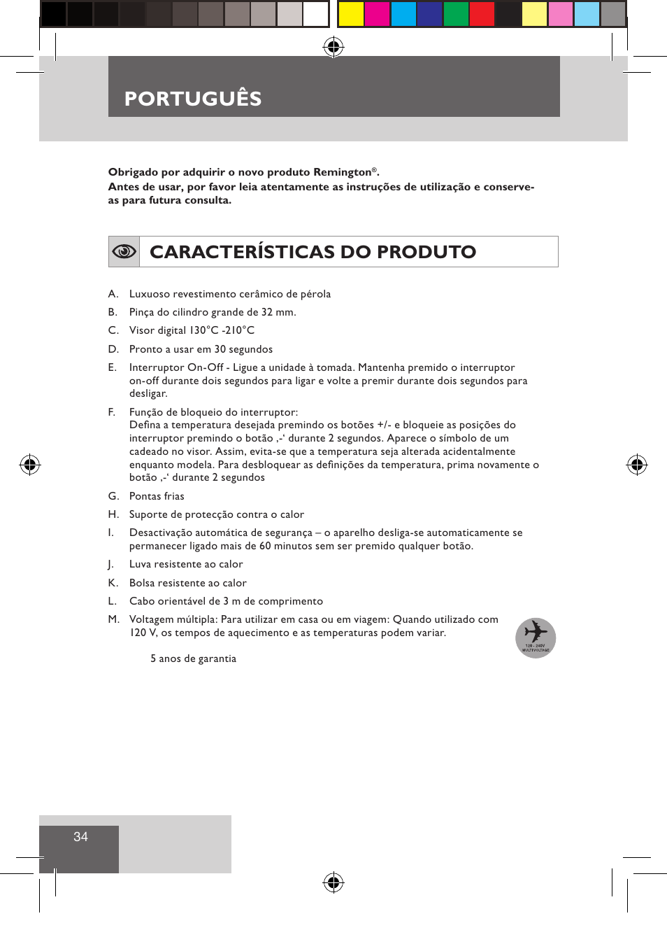 Português, Características do produto | Remington CI9532 User Manual | Page 36 / 83