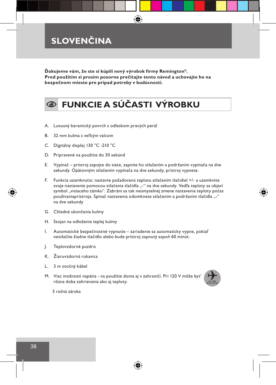 Sloven ina, Slovenčina, Funkcie a súčasti výrobku | Remington CI9532 User Manual | Page 40 / 83