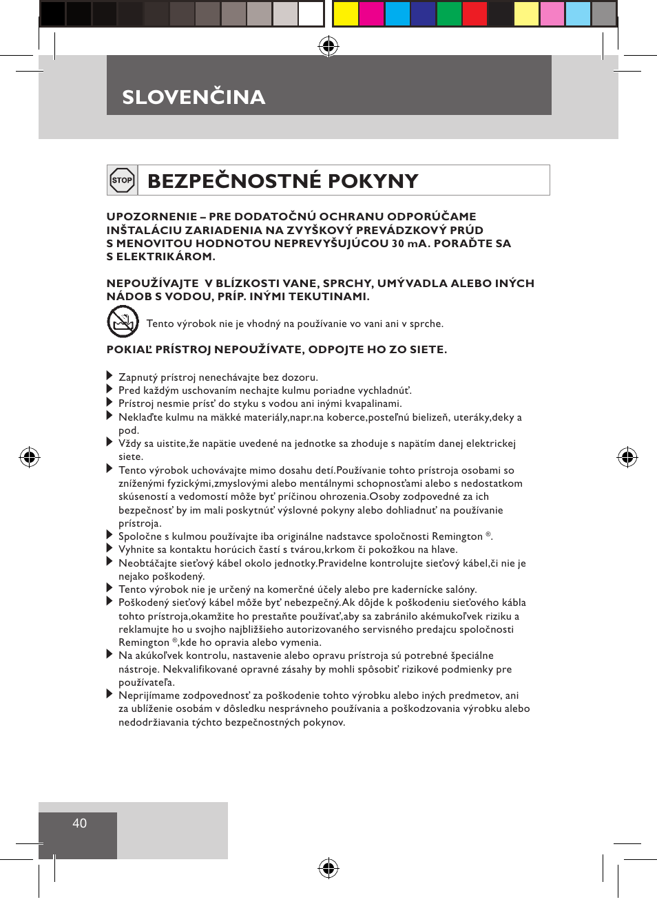 Sloven ina, Slovenčina bezpečnostné pokyny | Remington CI9532 User Manual | Page 42 / 83