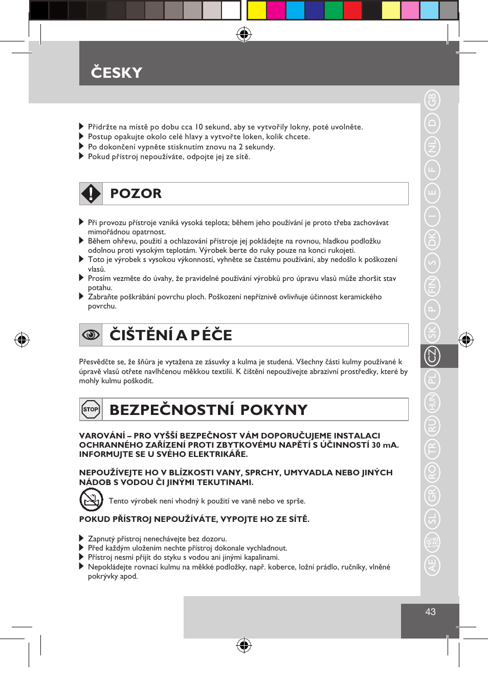 Čištění a p éče, Bezpečnostní pokyny, Česky | Pozor | Remington CI9532 User Manual | Page 45 / 83