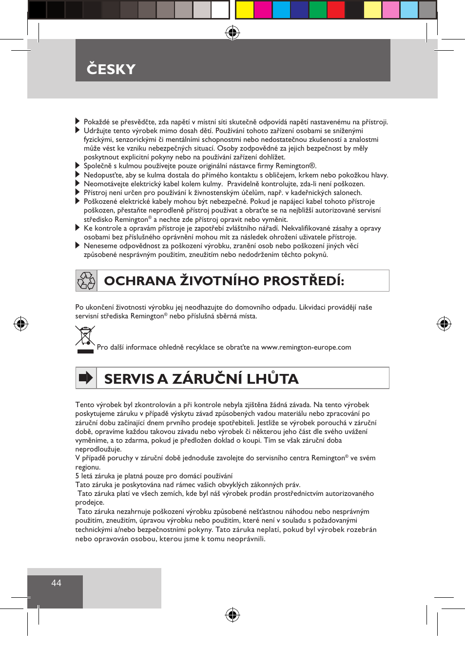 Servis a záruční lhůta, Česky, Ochrana životního prostředí | Remington CI9532 User Manual | Page 46 / 83