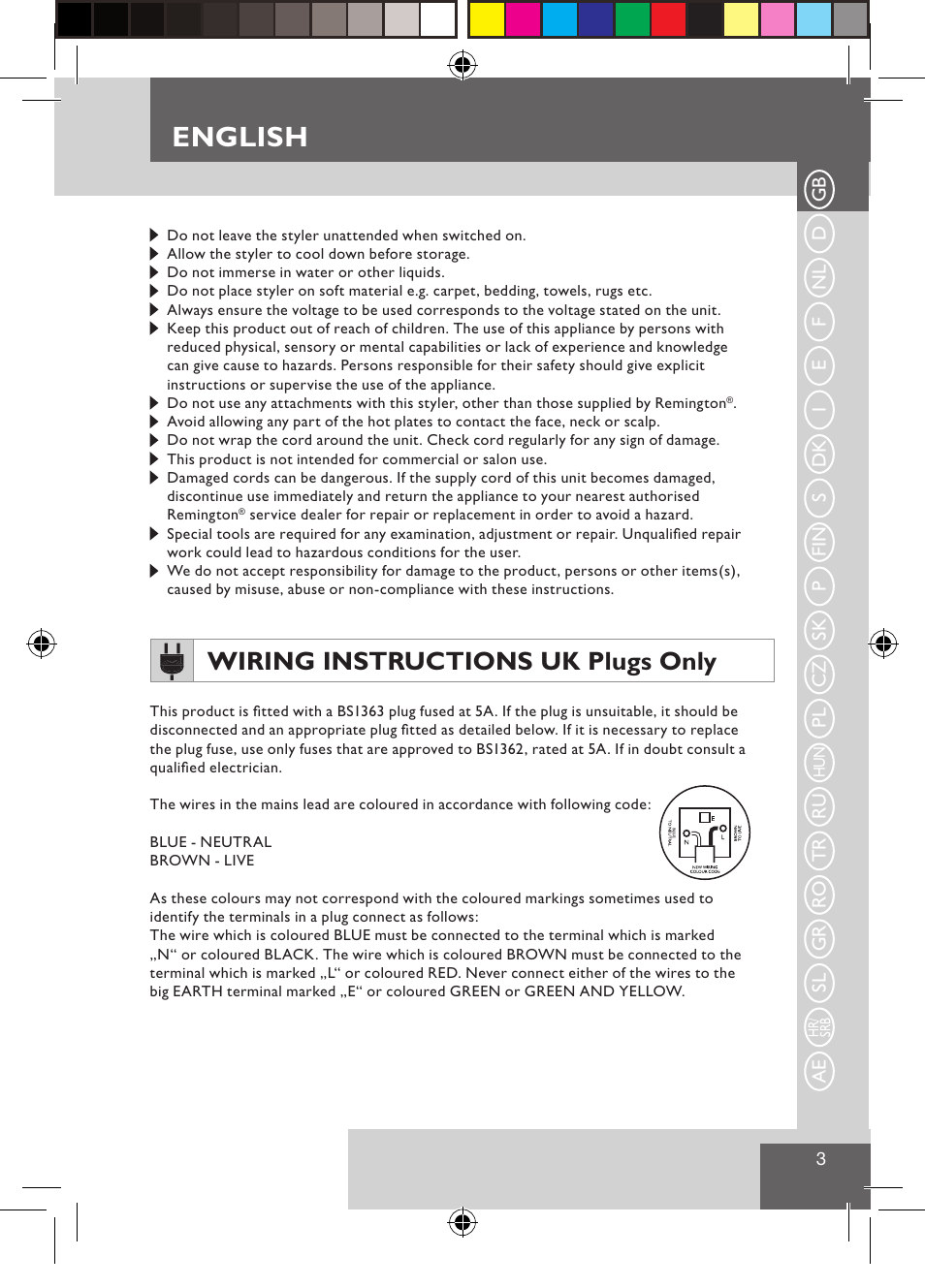 English, Wiring instructions uk plugs only | Remington CI9532 User Manual | Page 5 / 83