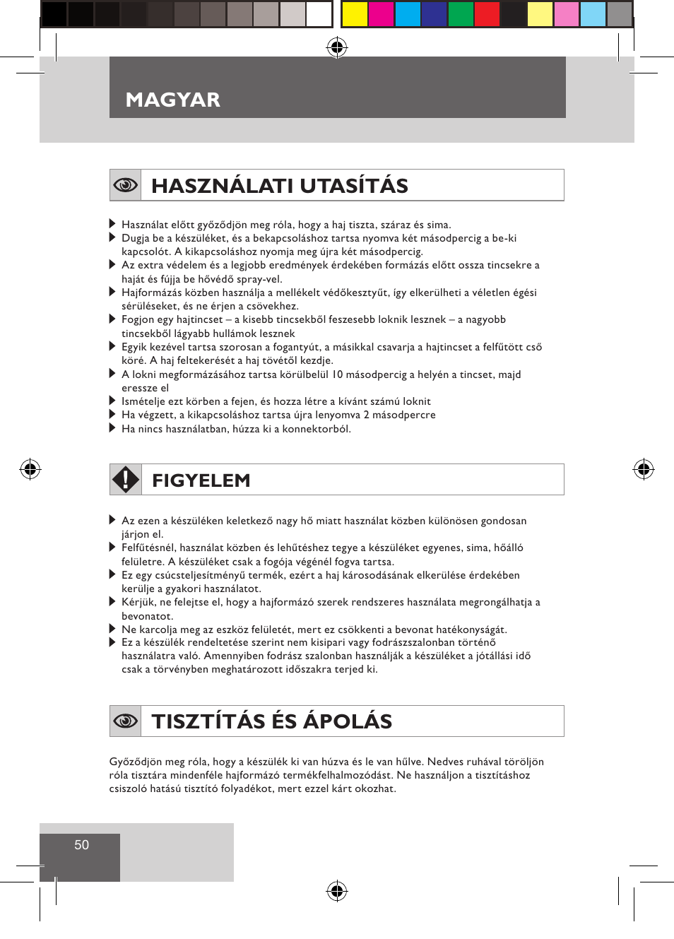 Magyar, Használati utasítás, Tisztítás és ápolás | Figyelem | Remington CI9532 User Manual | Page 52 / 83