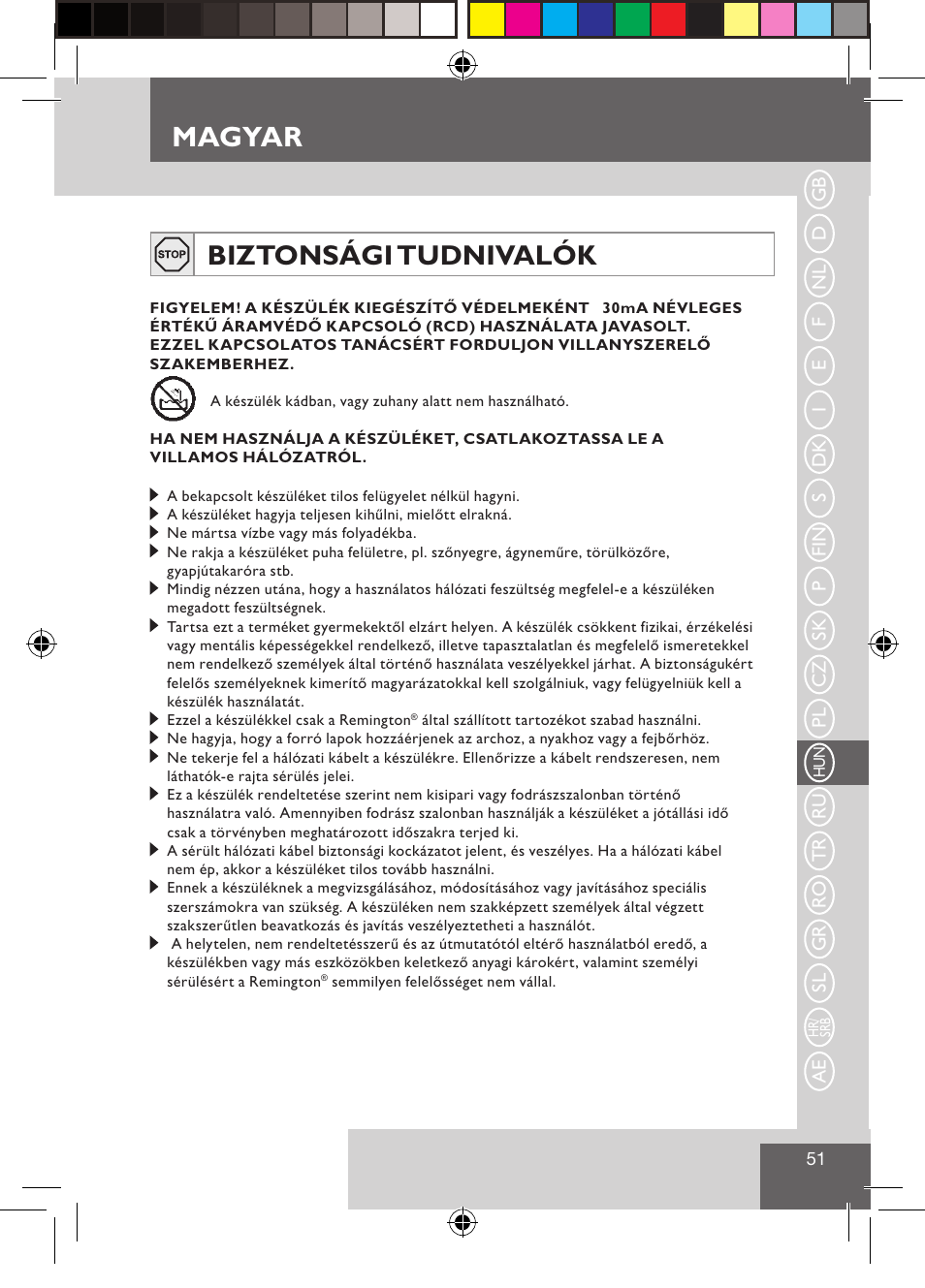 Magyar, Biztonsági tudnivalók | Remington CI9532 User Manual | Page 53 / 83
