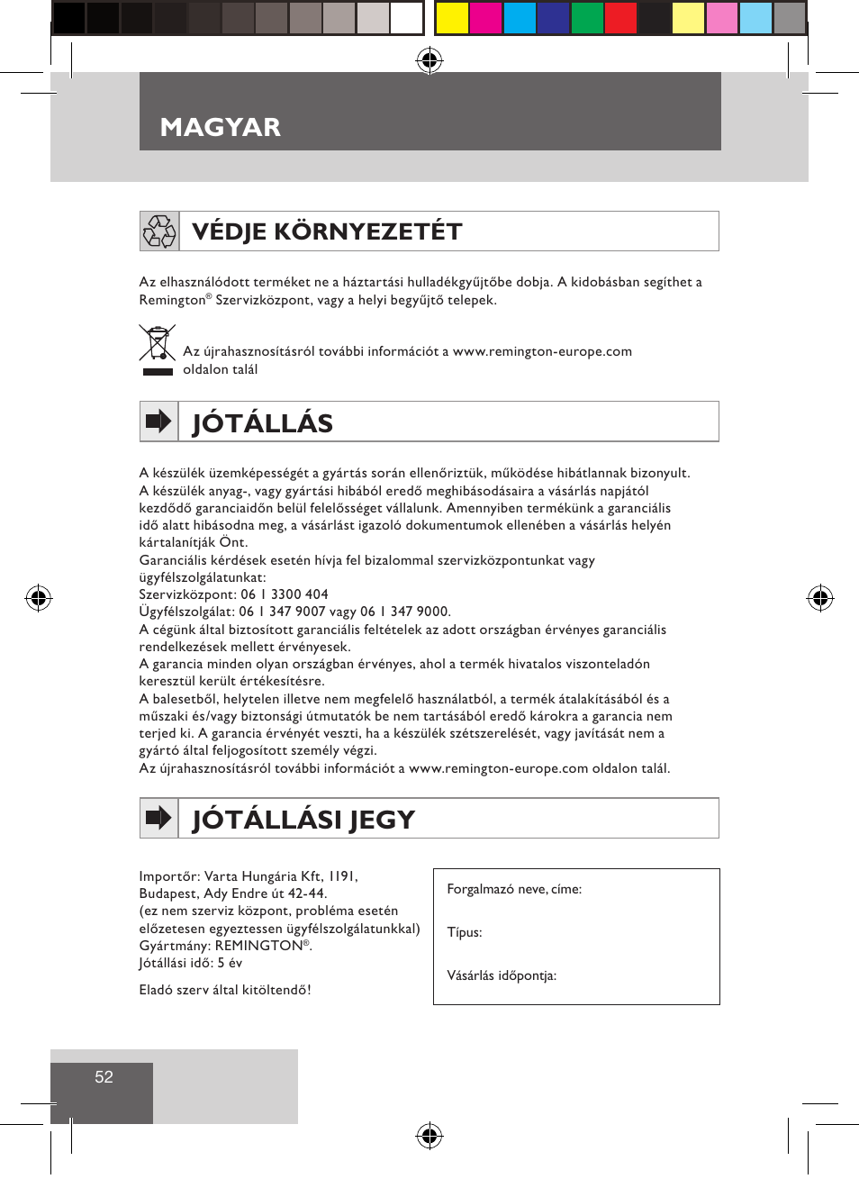 Magyar, Jótállás, Jótállási jegy | Védje környezetét | Remington CI9532 User Manual | Page 54 / 83