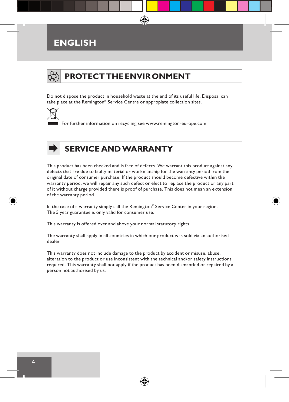 English, Protect the envir onment, Service and warranty | Remington CI9532 User Manual | Page 6 / 83